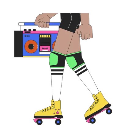 Female Roller Skater Carrying Boombox 2 D Linear Cartoon Legs Close Up Black Girl Isolated Line Vector Hands Closeup White Background Skating With Vintage Audio Equipment Color Flat Spot Illustration Illustration