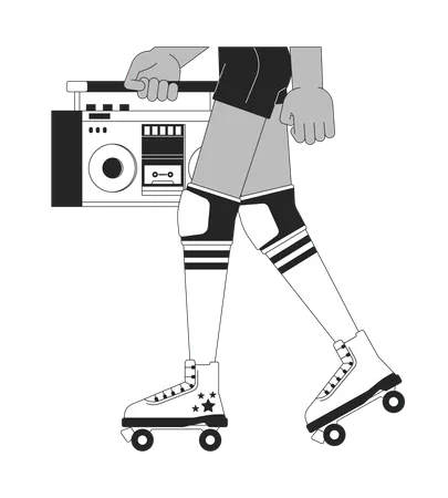 Female Roller Skater Carrying Boombox Black And White 2 D Line Cartoon Legs Closeup Black Girl Isolated Vector Outline Hands Close Up Skating With Vintage Audio Monochromatic Flat Spot Illustration Illustration