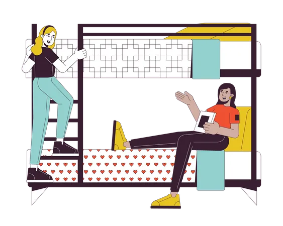 Female Roommates In Bunkbed Flat Line Color Vector Characters Editable Outline Full Body People On White University Accommodation Students Simple Cartoon Spot Illustration For Web Graphic Design Illustration