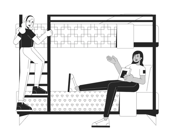 Female Roommates In Bunkbed Flat Line Black White Vector Characters Editable Outline Full Body People University Accommodation Students Simple Cartoon Isolated Spot Illustration For Web Design Illustration
