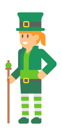 Female Saint Patrick Elf with stick  Illustration