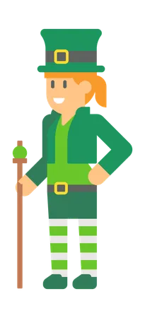 Female Saint Patrick Elf with stick  Illustration