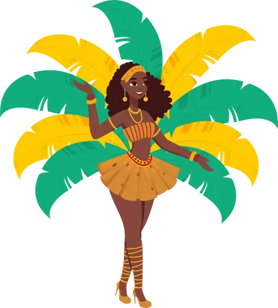 Beautiful Young Female Wearing Feather Costume In Dancing Pose Carnival Or Samba Dance Concept Illustration