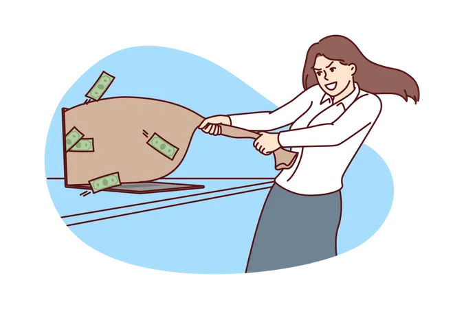 Female scammer pulling money online  Illustration