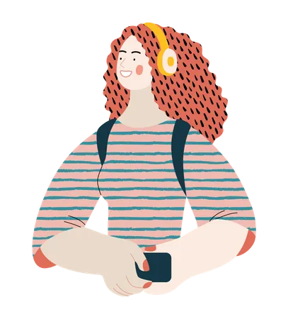 Female school student listening to music using headphones  Illustration