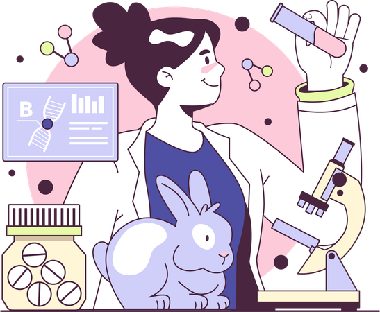 Female scientist doing medicine experiment on rabbit  Illustration