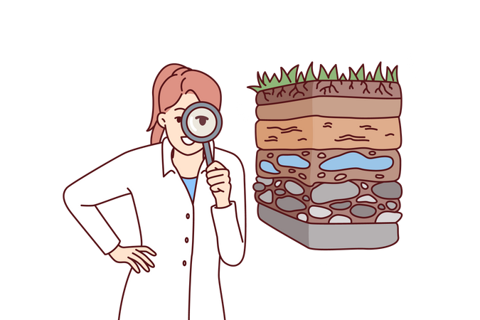 Female scientist examining soil layers  Illustration