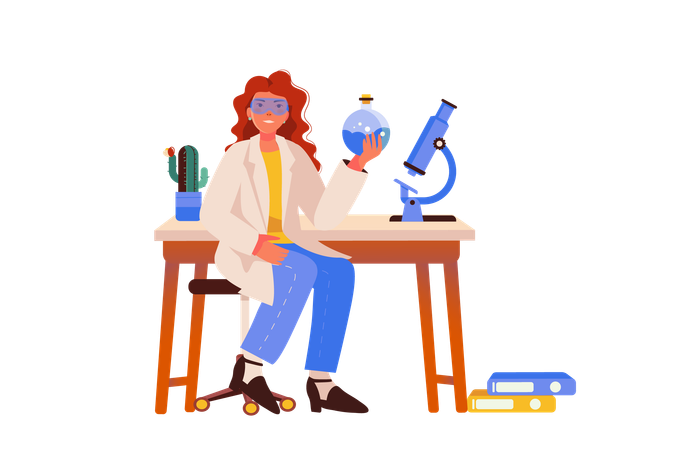 Female scientist finished chemical experiment and is proud of result  Illustration