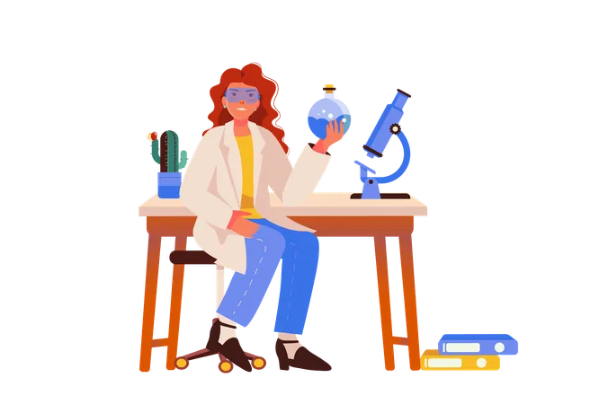 Female scientist finished chemical experiment and is proud of result  Illustration