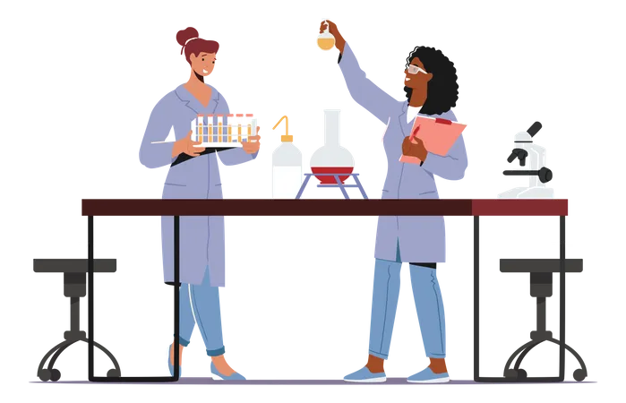 Female Scientist In Coat Conduct Experiment In Scientific Laboratory Illustration