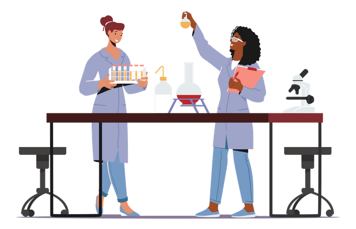 Female Scientist In Coat Conduct Experiment In Scientific Laboratory  일러스트레이션