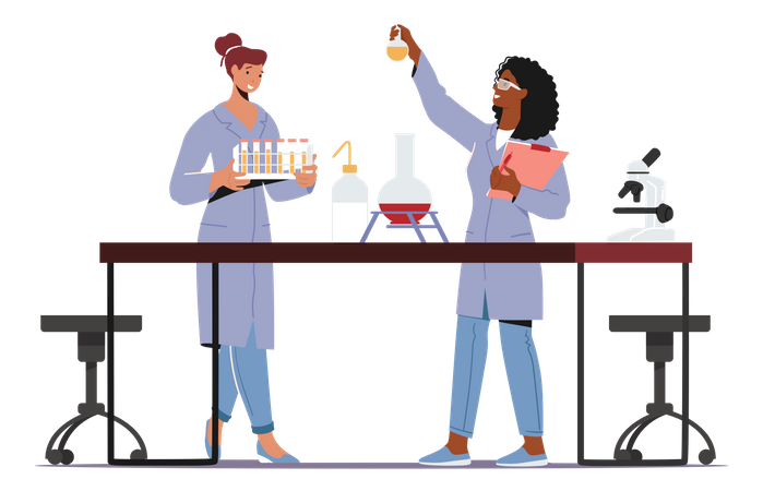 Female Scientist In Coat Conduct Experiment In Scientific Laboratory  Illustration