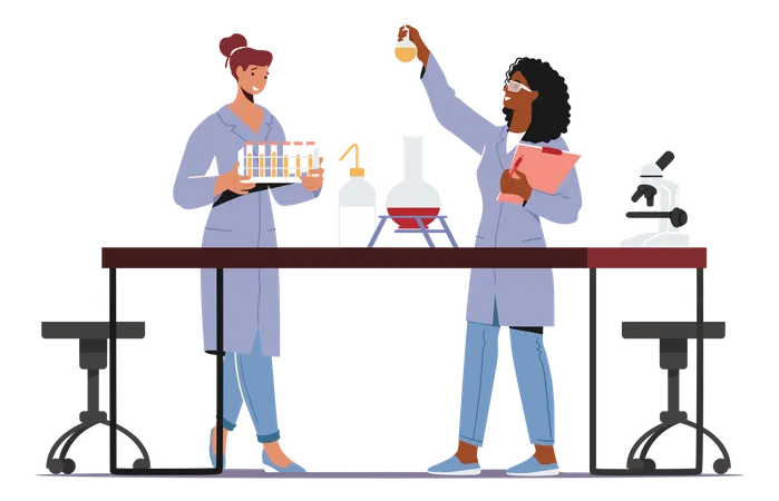 Female Scientist In Coat Conduct Experiment In Scientific Laboratory  Illustration