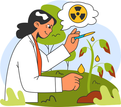 Female Scientist investigates plant affected by radiation hazard substance  イラスト
