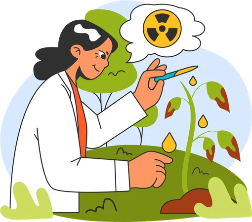 Female Scientist investigates plant affected by radiation hazard substance  Illustration