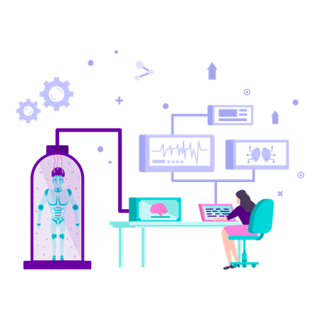 Female scientist is closely monitoring the heartbeat of an AI robot  Illustration