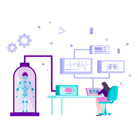 Female scientist is closely monitoring the heartbeat of an AI robot  Illustration