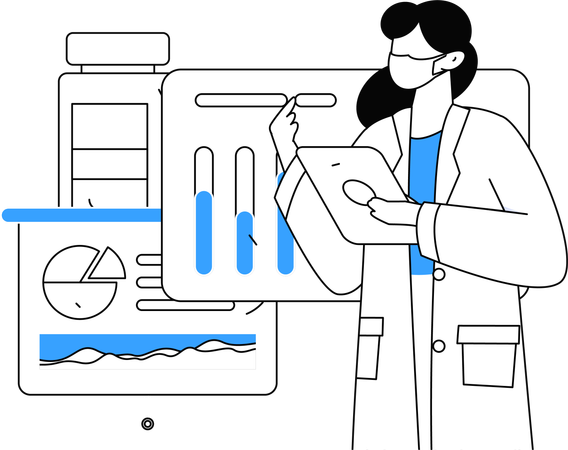 Female scientist looking at chemical analysis  Illustration