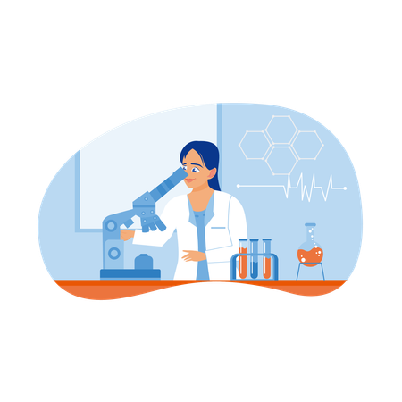 Female scientist looking at research object using microscope in laboratory  Illustration