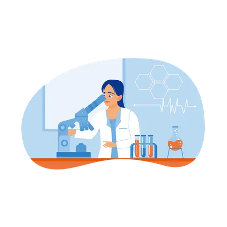 Female scientist looking at research object using microscope in laboratory  Illustration