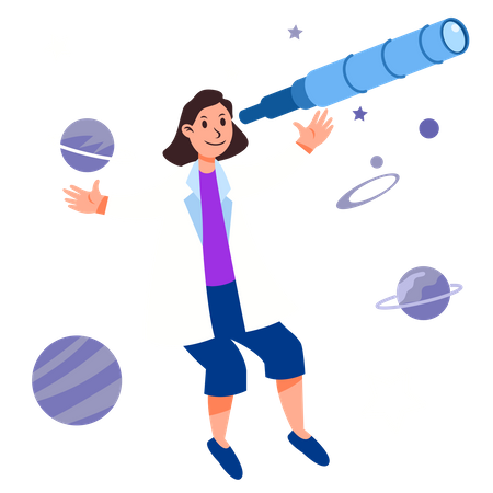 Female scientist looking through a astronomy telescope  Illustration