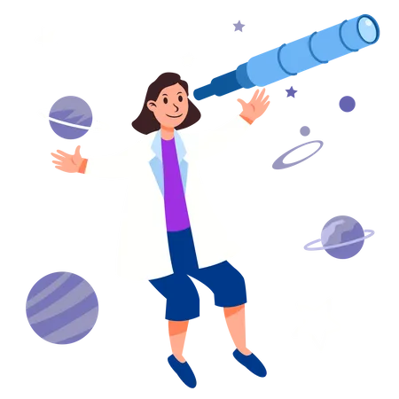 Female scientist looking through a astronomy telescope  Illustration