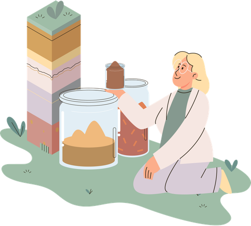 Female scientist measuring ground levels status  Illustration