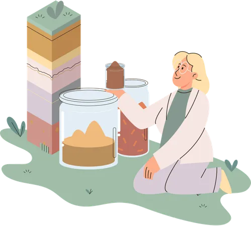 Female scientist measuring ground levels status  Illustration