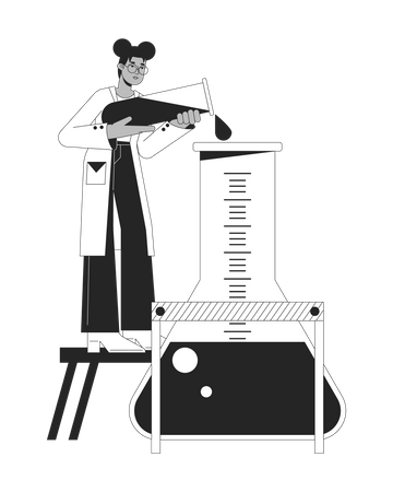 Female scientist pour liquid into flask  Illustration