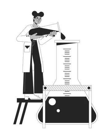 Chemistry Experiment Bw Concept Vector Spot Illustration Female Scientist Pour Liquid Into Flask 2 D Cartoon Flat Line Monochromatic Character For Web UI Design Editable Isolated Outline Hero Image Illustration