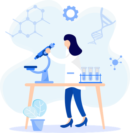 Female scientist using microscope in lab  Illustration