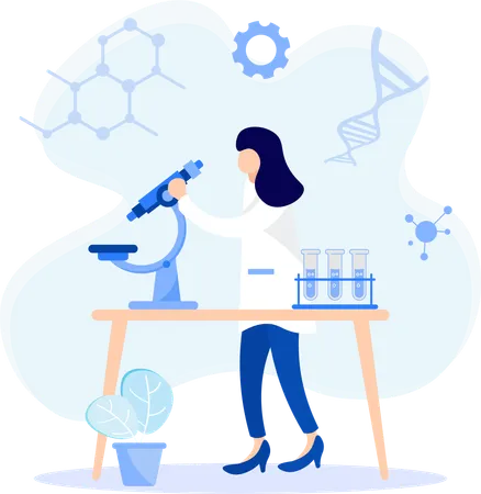 Female scientist using microscope in lab  Illustration