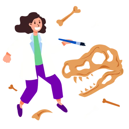 Female scientist work on dinosaur fossil research  Illustration