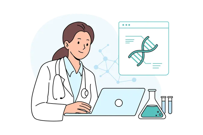 Female scientist working on gene development  Illustration