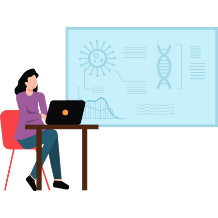 Female scientist working on laptop  Illustration