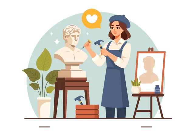 Stone Sculpture Vector Illustration Featuring A Craftsman Carving A Rock Using Sculpting Tools In Flat Style Cartoon Background Design Illustration