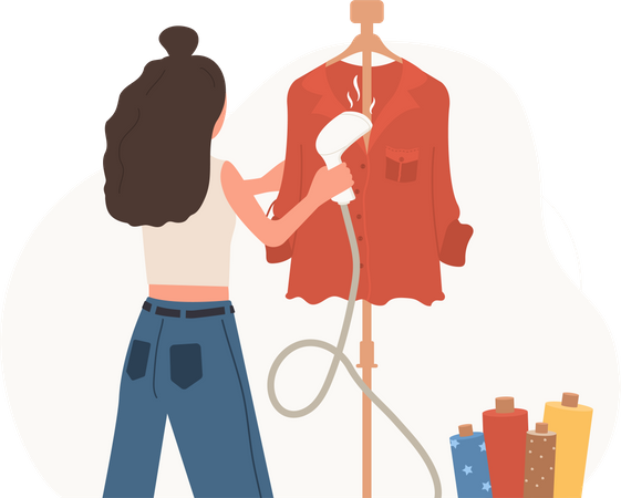 Female seamstress drying clothes using air dryer Illustration