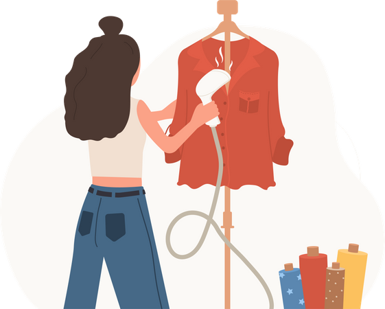 Female seamstress drying clothes using air dryer  Illustration