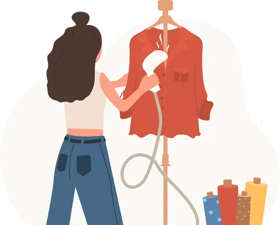 Female seamstress drying clothes using air dryer  Illustration