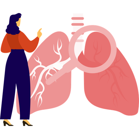 拡大鏡を使って肺がんを調べる女性  イラスト