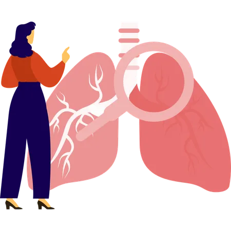 拡大鏡を使って肺がんを調べる女性  イラスト