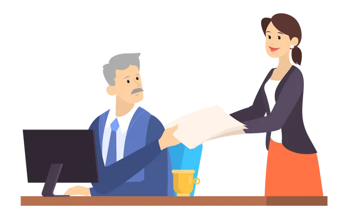 Female secretary giving workpaper to businessman in office  Illustration