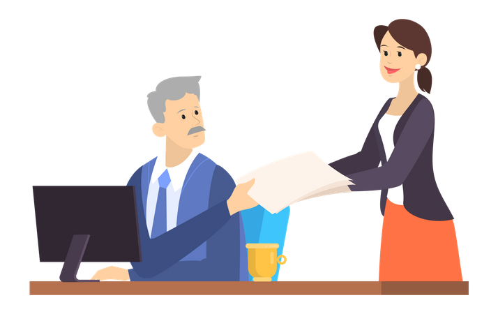 Female secretary giving workpaper to businessman in office  Illustration