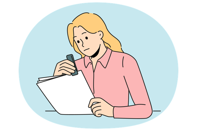 Female secretary stapling paperwork in office  Illustration