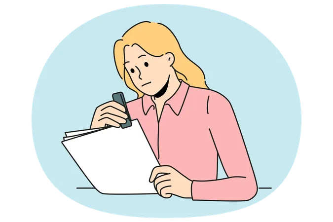 Female secretary stapling paperwork in office  Illustration