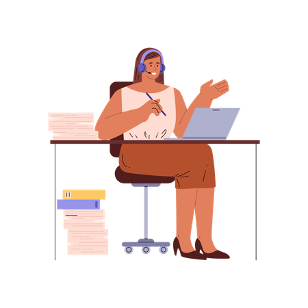 Female secretary working at desk with laptop and headset  Illustration