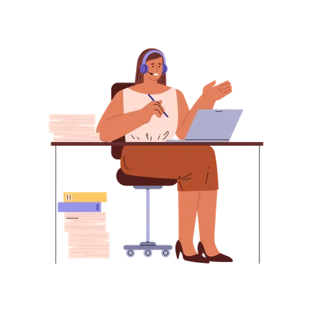 Female secretary working at desk with laptop and headset  Illustration