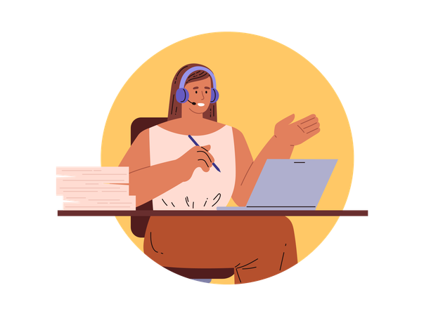 Female secretary working at desk with laptop and headset  Illustration