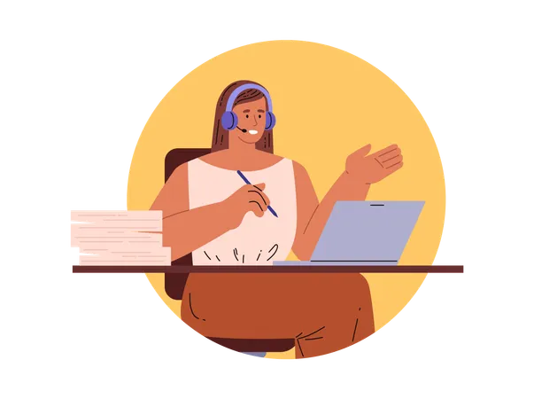 Female secretary working at desk with laptop and headset  Illustration