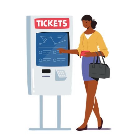 Female Self Booking Tickets in Metro or Railway Station Illustration